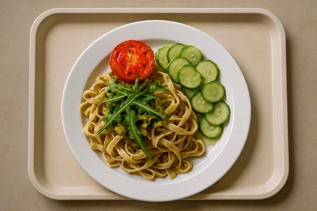 mensaVital: Vegane Tagliatelle mit Rucola - Nusspesto, Grilltomate und Gurkensalat Gurkensalat (AI Generated)