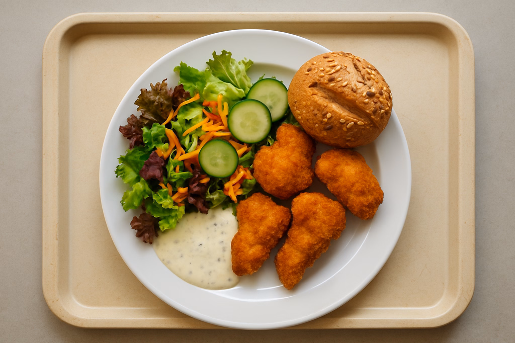 Großer herbstlicher Salatteller mit Backhendl und Körnerschrippe Kräuter-Joghurtdressing (AI Generated)