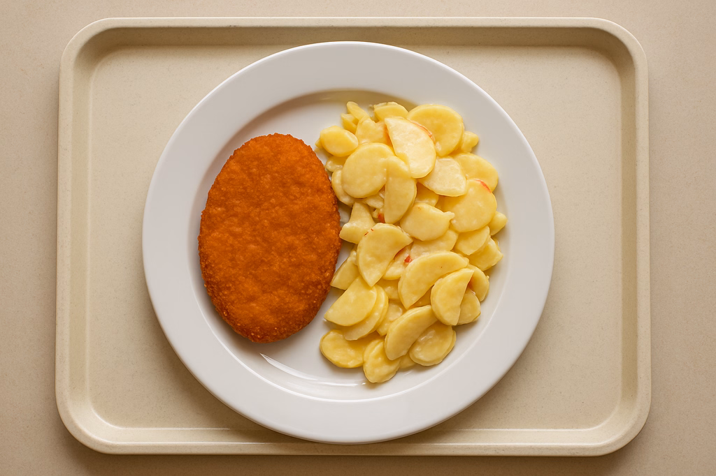 Plant Knusper Schnitzel, dazu Super Crunch Pommes frites oder wahlweise Kartoffelsalat mit Äpfeln (AI Generated)
