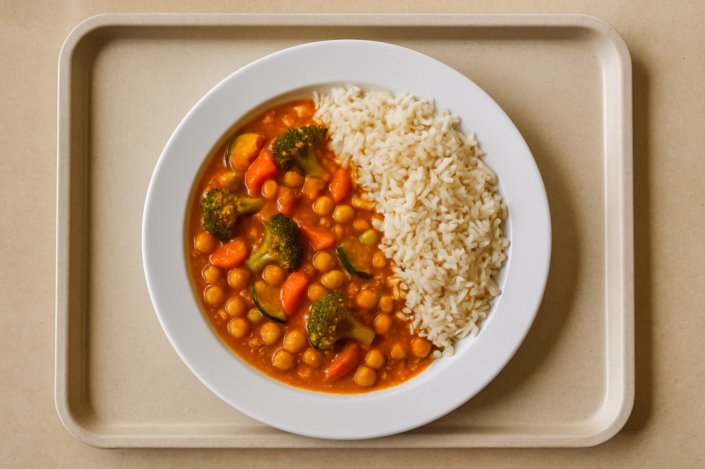 Hot Pot "Spicy Masala" mit frischem Gemüse & Kichererbsen Langkornreis (AI Generated)