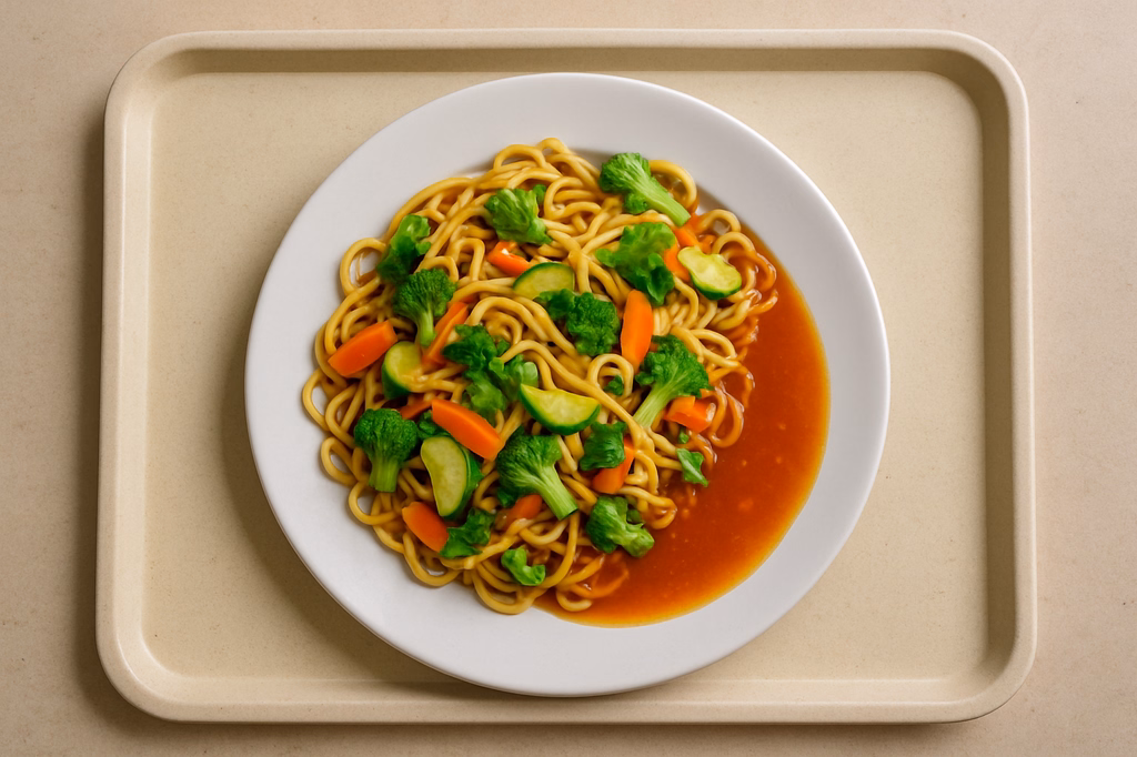 Asia Nudelpfanne mit frischem Gemüse & Koriander und Süß saure Asia Soße (AI Generated)
