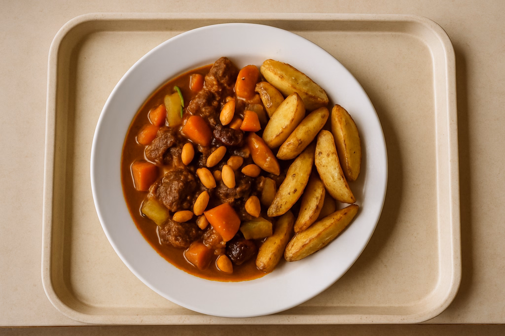 "Marokkanisches Rinder Tajine" mit Gemüse, Datteln & Nüssen dazu gebackene Patatas (AI Generated)