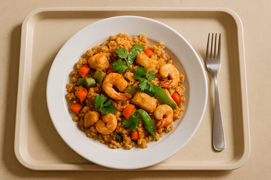 "Nasi Goreng" gebratener Reis mit Ei, knackigem Wokgemüse, Hähnchen, Garnelen & frischem Koriander (AI Generated)