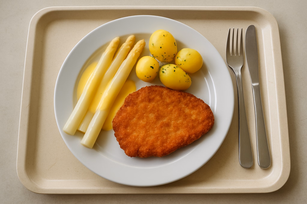 Frischer Spargel vom fränkischen Spargelbauer Hähnchenschnitzel "Wiener Art" Dampfkartoffeln (AI Generated)