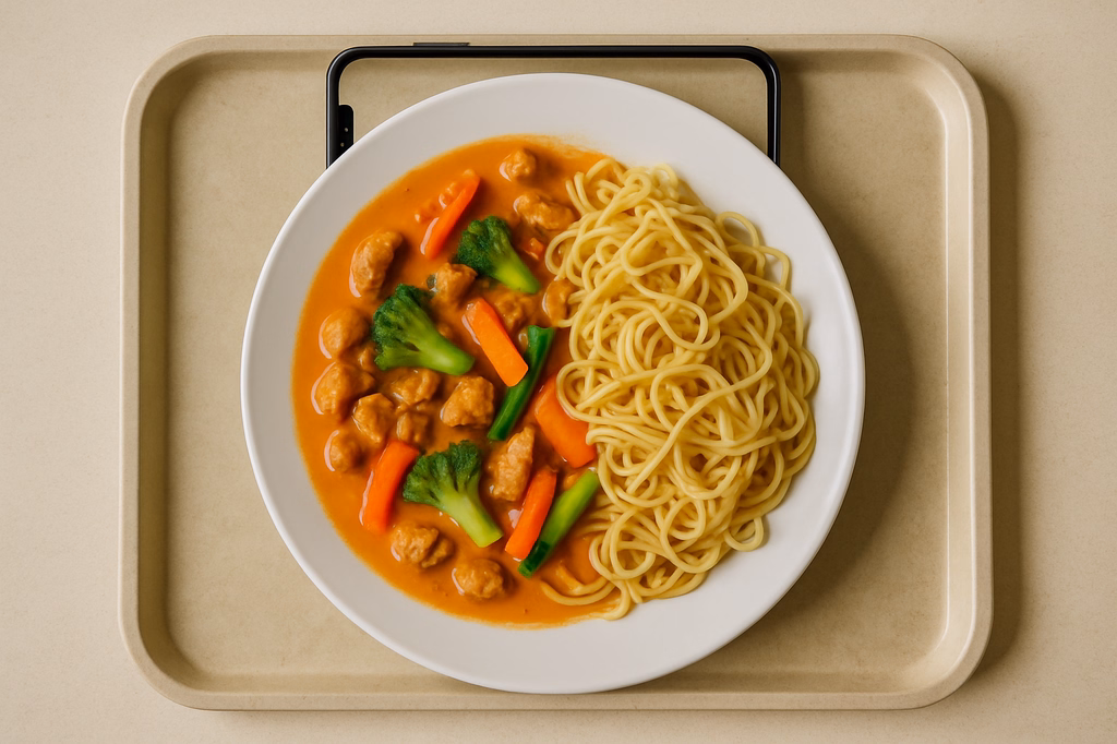 "Red Massaman Curry" mit Sojageschnetzelten, frischem Wokgemüse in Kokosmilch, Zitronengras und Gemüse - Mienudeln "Asia Style" (AI Generated)