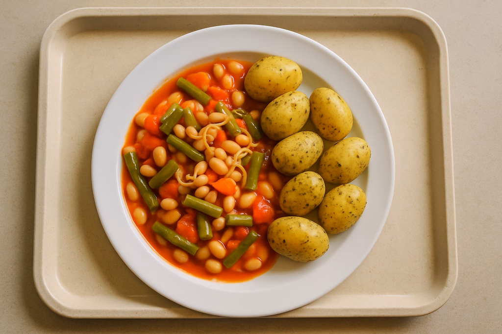 mensaVital: Bohnen - Gemüse - Ragout mit Sojasprossen, Erdnüssen und Kräuterkartoffeln (AI Generated)