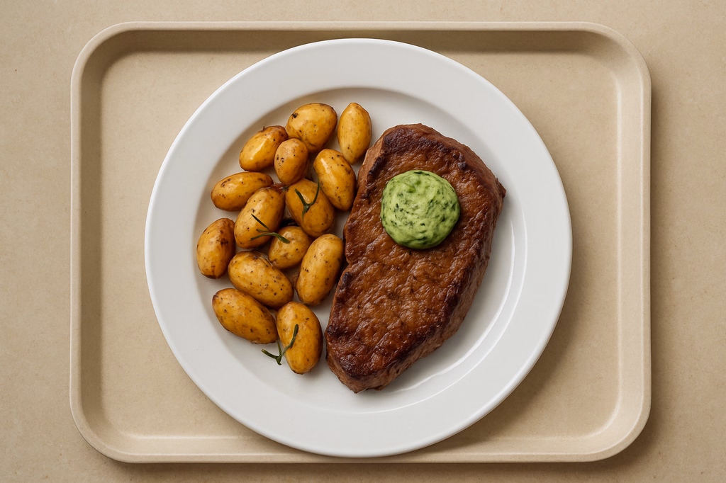 Rumpsteak vom Grill medium gebraten mit hausgemachter Bärlauchbutter und Rosmarinkartoffeln (AI Generated)
