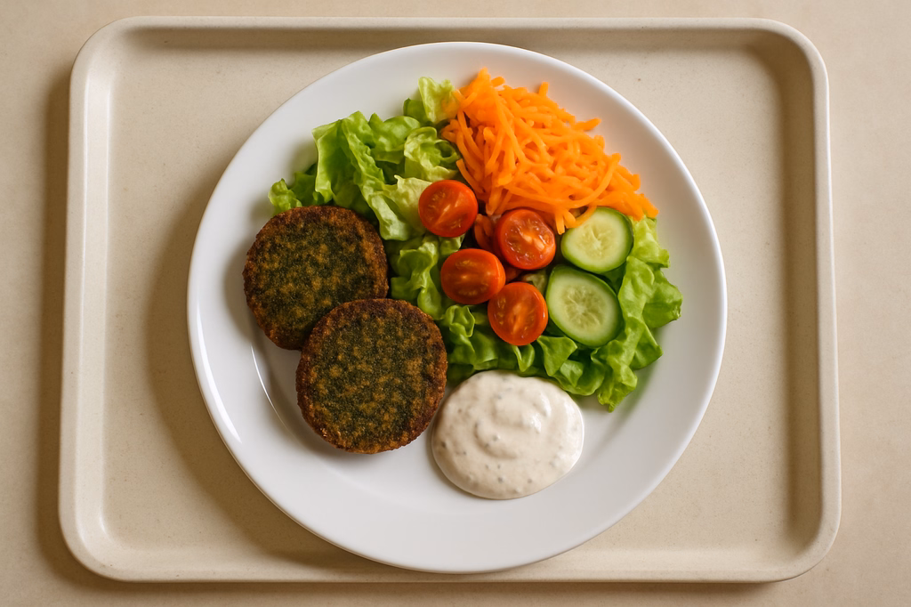 Sommerlicher Salatteller mit 2 Grühnkohl - Hanfbratlingen und veganem Dip (AI Generated)
