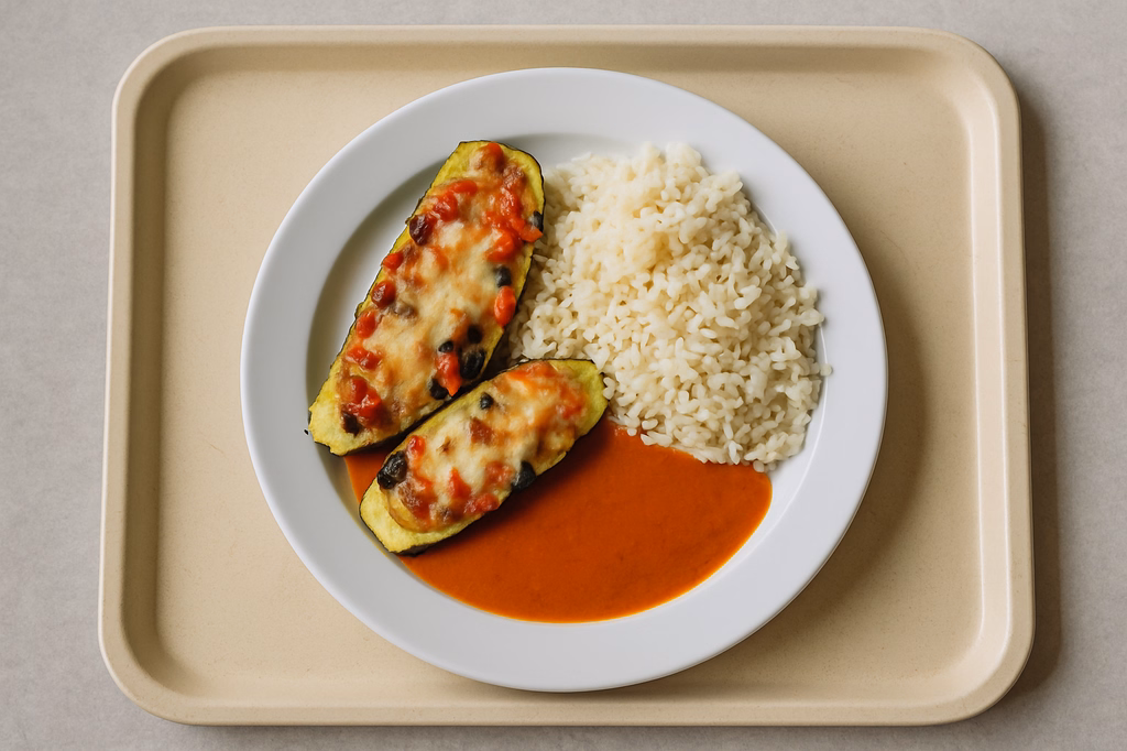 Überbackene Zucchini "mediterrane Art" mit veganer Paprikasoße (AI Generated)