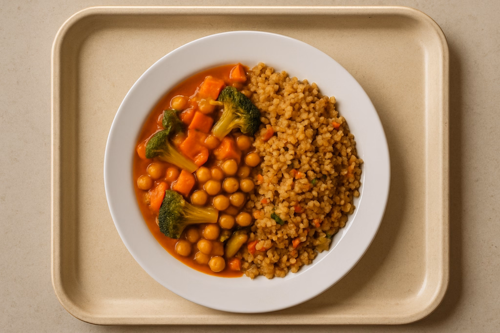 Hot Pot "Spicy Masala" mit frischem Gemüse & Kichererbsen dazu Bulgurgemüse (AI Generated)