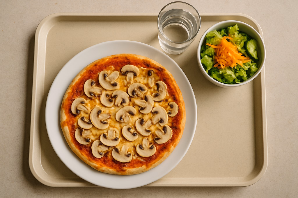 Vegane Pizza "Funghi" mit frischen Champigons und alternativen "Käse" überbacken (AI Generated)