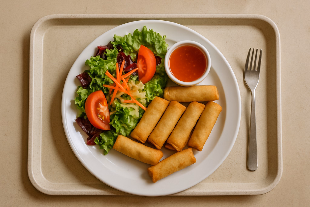 Winterlicher Salatteller mit 7 Stück Mini - Frühlingsrollen und Sweet Chili Dip (AI Generated)