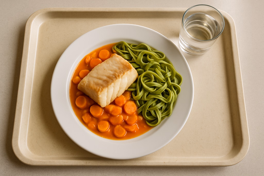 mensaVital: Kabeljaufilet auf Karottenragout mit grünen Tagliatelle (AI Generated)