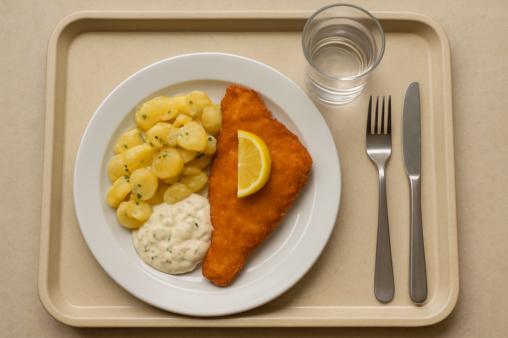Gebackenes Schollenfilet mit hausgemachter Remouladensoße Kartoffelsalat (AI Generated)