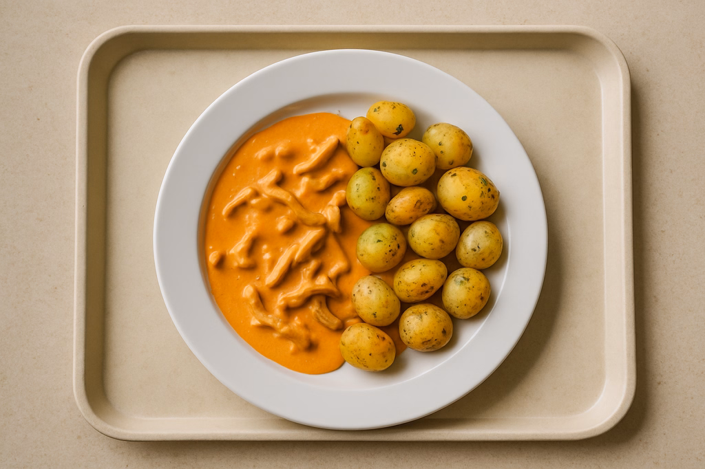 Schweinegeschnetzeltes in Metaxasoße dazu Schwenkkartoffeln (AI Generated)