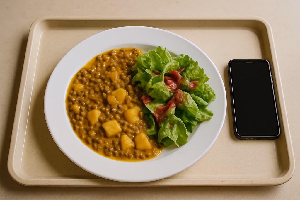 mensaVital: Linsen - Kartoffel - Kokos - Pfanne, dazu einen Blattsalat mit Himbeervinaigrette (AI Generated)