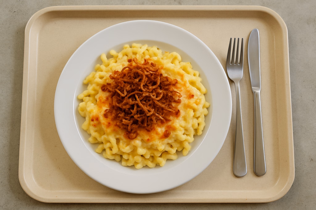 "Allgäuer Käsespätzle" mit Emmentaler & Bergkäse überbacken, dazu Röstzwiebeln (AI Generated)