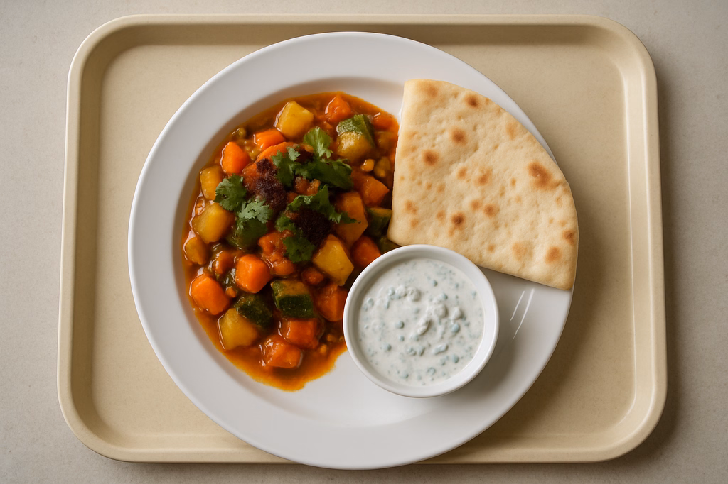 Tajine von frischen Gemüse, frischen Koriander mit Sumach, Fladenbrot & orientalischer Minz Joghurt Dip (AI Generated)