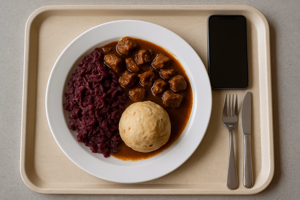 Rindergulasch mit Rotkohl und Semmelknödel oder Kloß (AI Generated)