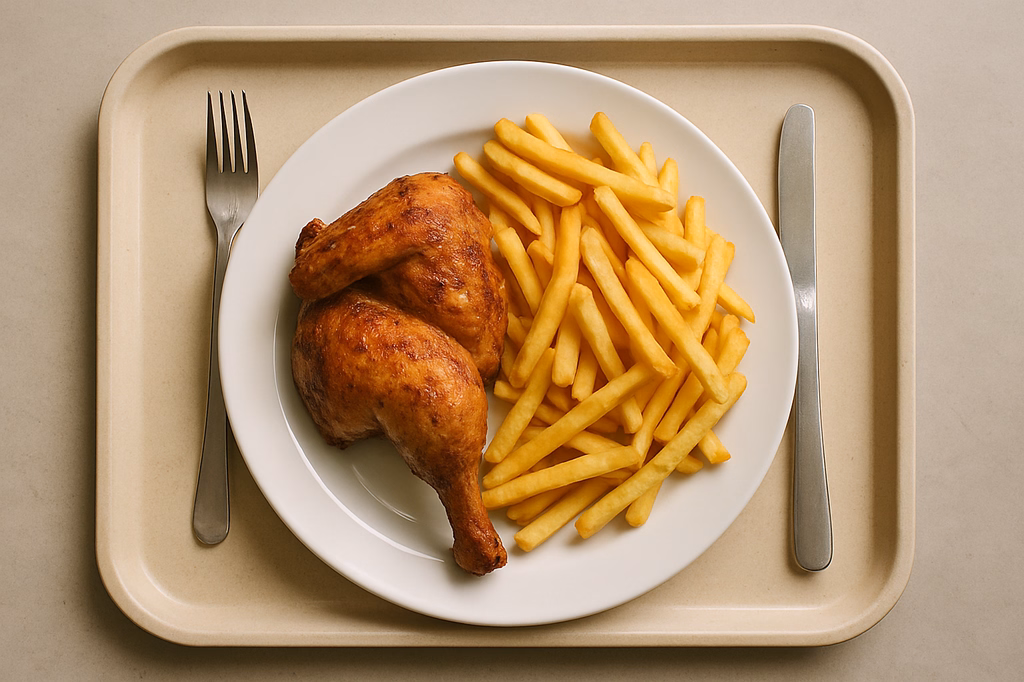 Ofenfrisches knuspriges halbes Grillhendl mit Pommes (AI Generated)
