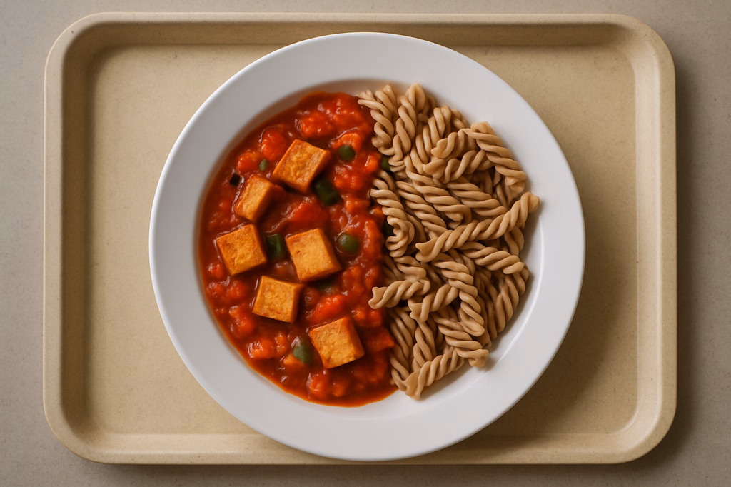 mensaVital: Tofu auf Tomaten - Gemüsesugo, Vollkornnudeln (AI Generated)