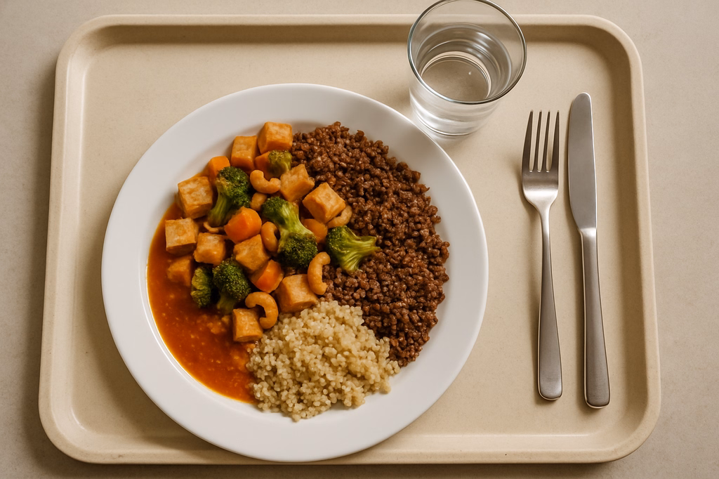Protein - Gemüsepfanne mit Tofu, weißen & roten Quinoa, Cashewkerne und pikante mauretanische Harissasoße (AI Generated)