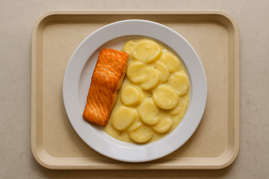 Gebratenes frisches Lachsfilet an Rahmkartoffeln (AI Generated)