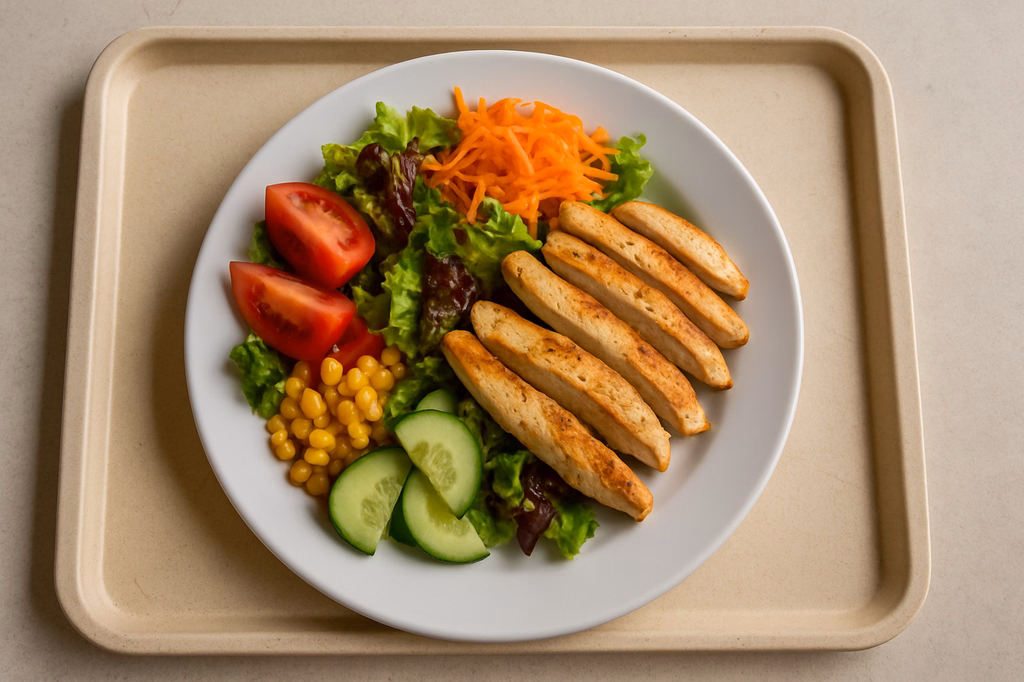 Bunte Frühjahrs-Salate mit Maishähnchenbruststreifen (AI Generated)