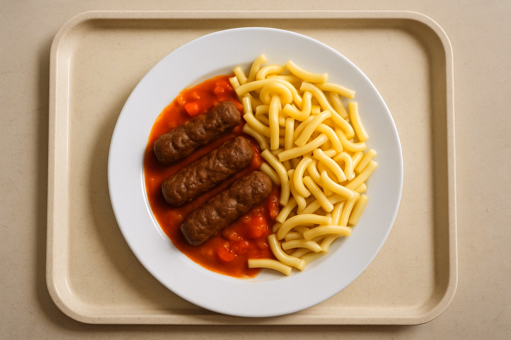 Cevapcici vom Rind mit Tomaten Gemüsesugo und Makkaroni (AI Generated)