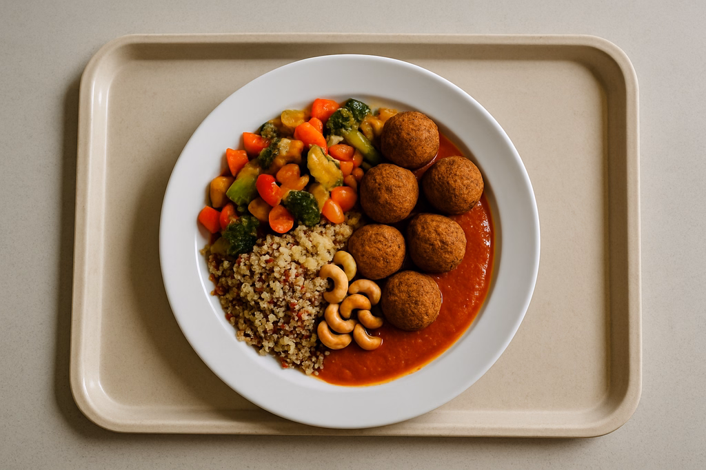Protein - Gemüsepfanne mit Falafelbällchen, weißen & roten Quinoa, Cashewkerne und pikante mauretanische Harissasoße (AI Generated)