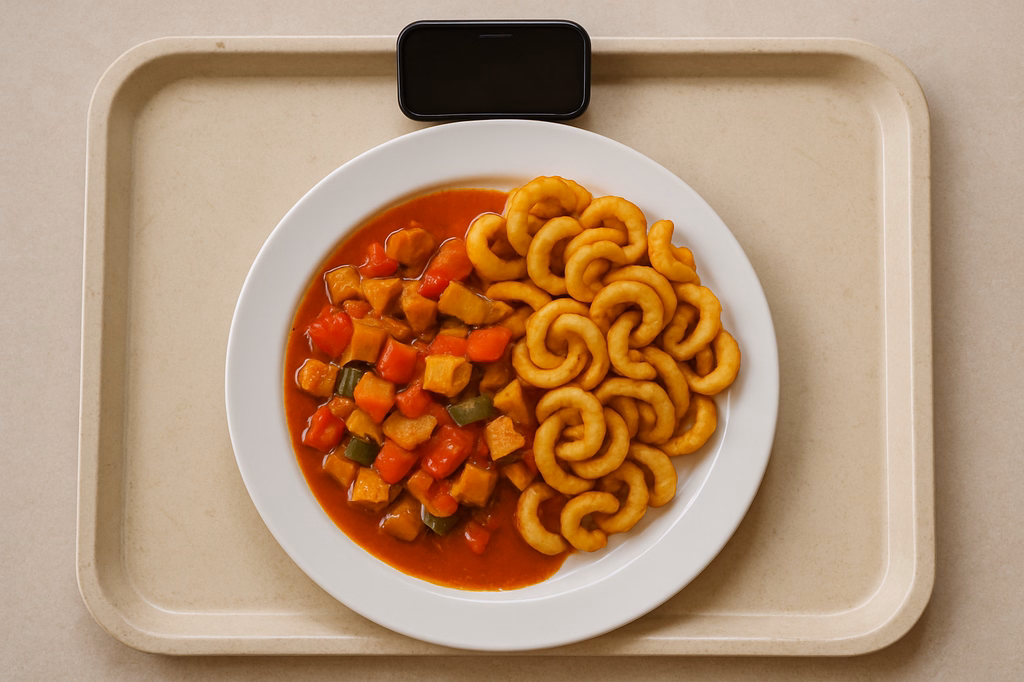 Soja Gemüsepfanne in feuriger Salasasoße Kartoffelspiralen (AI Generated)