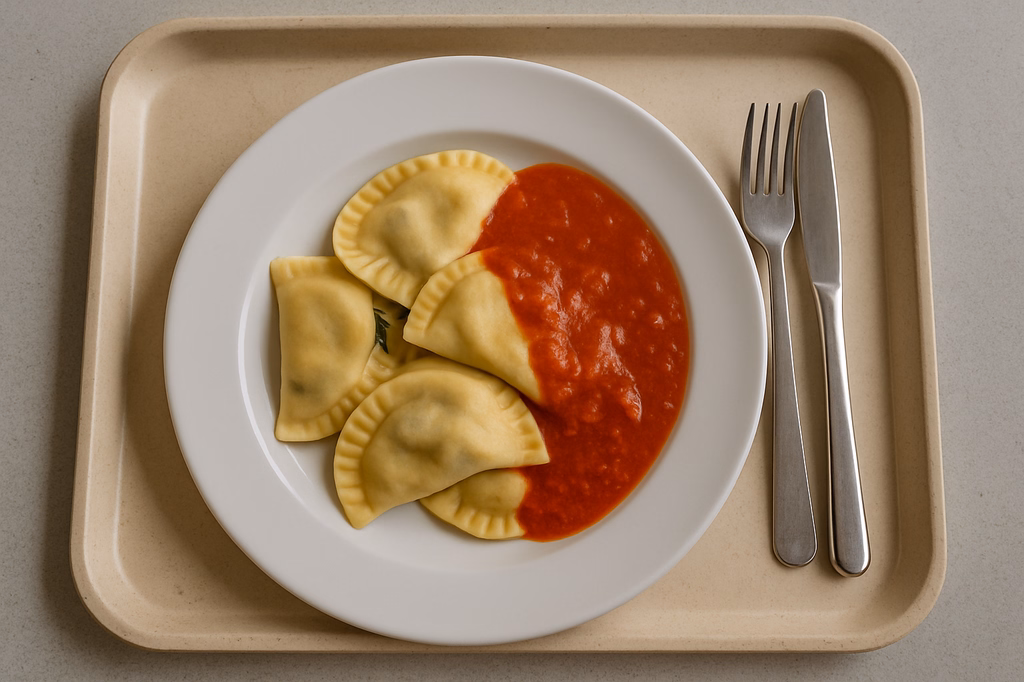 Vegane Teigtaschen "Mezzelune" mit Spinatfüllung mit Tomatensoße (AI Generated)