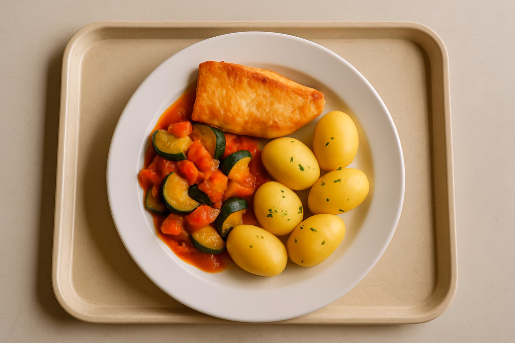 mensaVital: Seelachsfilet auf Tomaten - Zucchinigemüse, dazu Kartoffeln (AI Generated)
