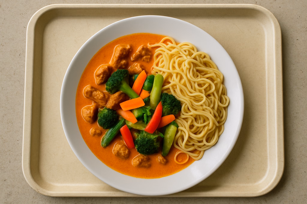 "Red Massaman Curry" mit Sojageschnetzelten, frischem Wokgemüse in Kokosmilch, Zitronengras und Mienudeln (AI Generated)