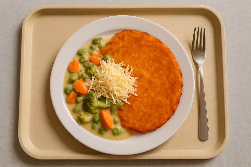 Riesen-Tellerrösti, dazu Gemüse in Rahmsoße veganer Reibkäse (AI Generated)