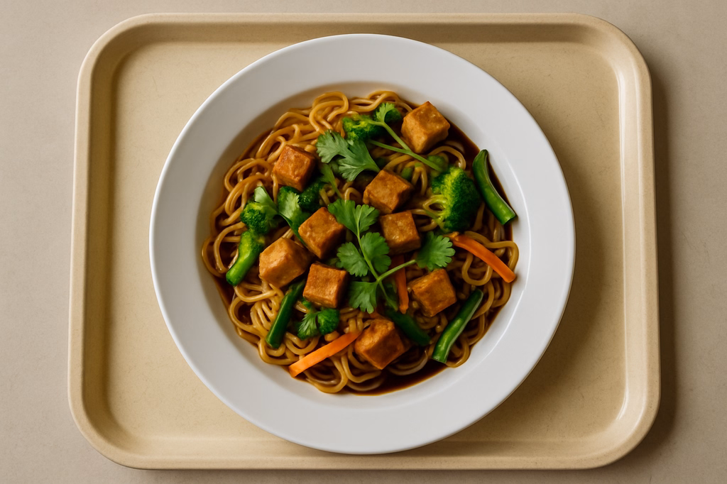 Asia Nudelpfanne mit marinierten Tofu, frischem Gemüse, Koriander und Teriyakisoße (AI Generated)