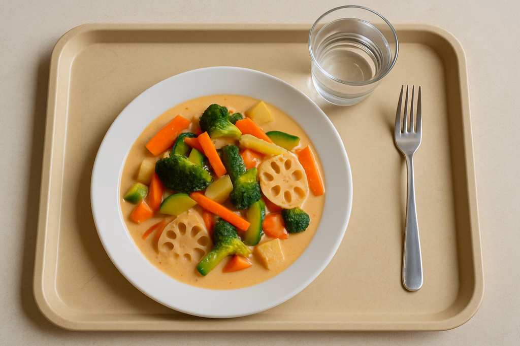 Mildes "Thai Curry" in Kokosmilch mit frischem Gemüse, Lotuswurzeln & Zitronengras dazu (AI Generated)