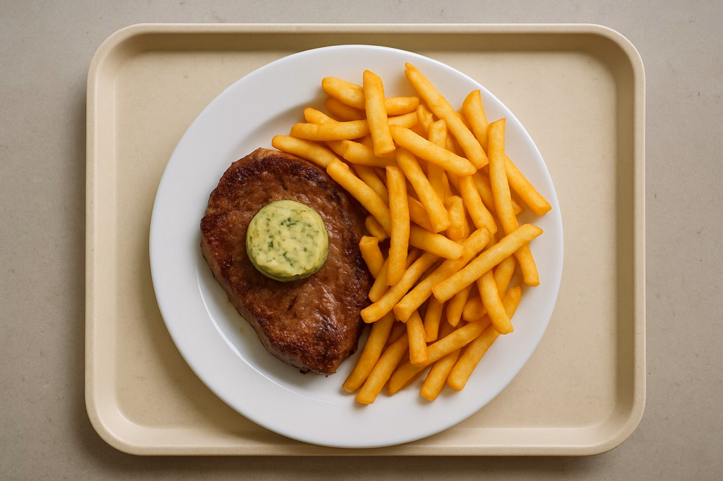 Entrecôte - medium gebraten - mit hausgemachter Kräuterbutter Super Crunch Pommes frites (AI Generated)