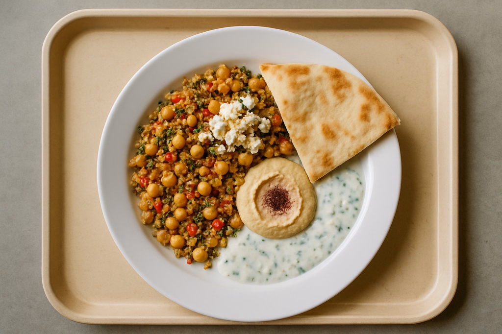 Quinoa Kichererbsensalat mit Hummus, Sumac, Hirtenkäse & Fladenbrot mit hausgemachten orientalischen Minz Joghurt Dressing (AI Generated)