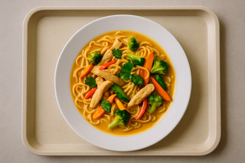 Asia Nudelpfanne mit Hähnchen, frischem Gemüse, Koriander und Thai Kokoscurrysoße (AI Generated)