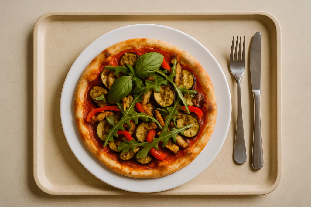 Vegane Pizza "Vegetale" mediterranes Grillgemüse, frischem Basilikum und Rucola (AI Generated)