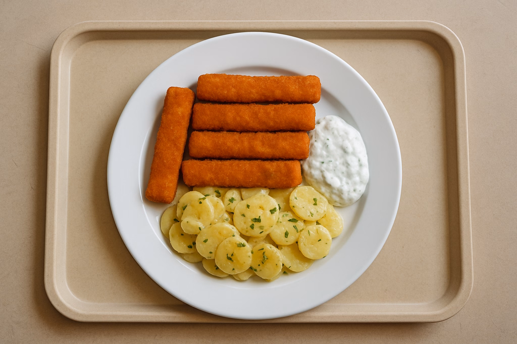 6 Stück Fischstäbchen mit hausgemachtem Kräuterdip Kartoffelsalat (AI Generated)