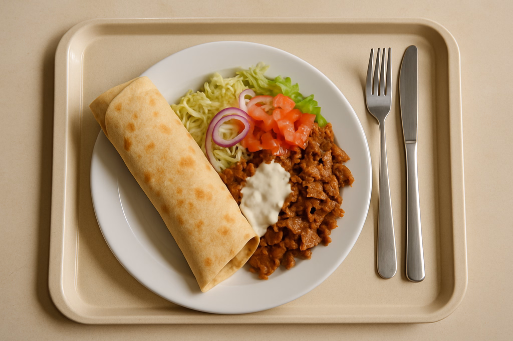 "Dürüm" vom Drehspieß mit Kraut, Salat, Zwiebeln, Tomate und Soße (AI Generated)