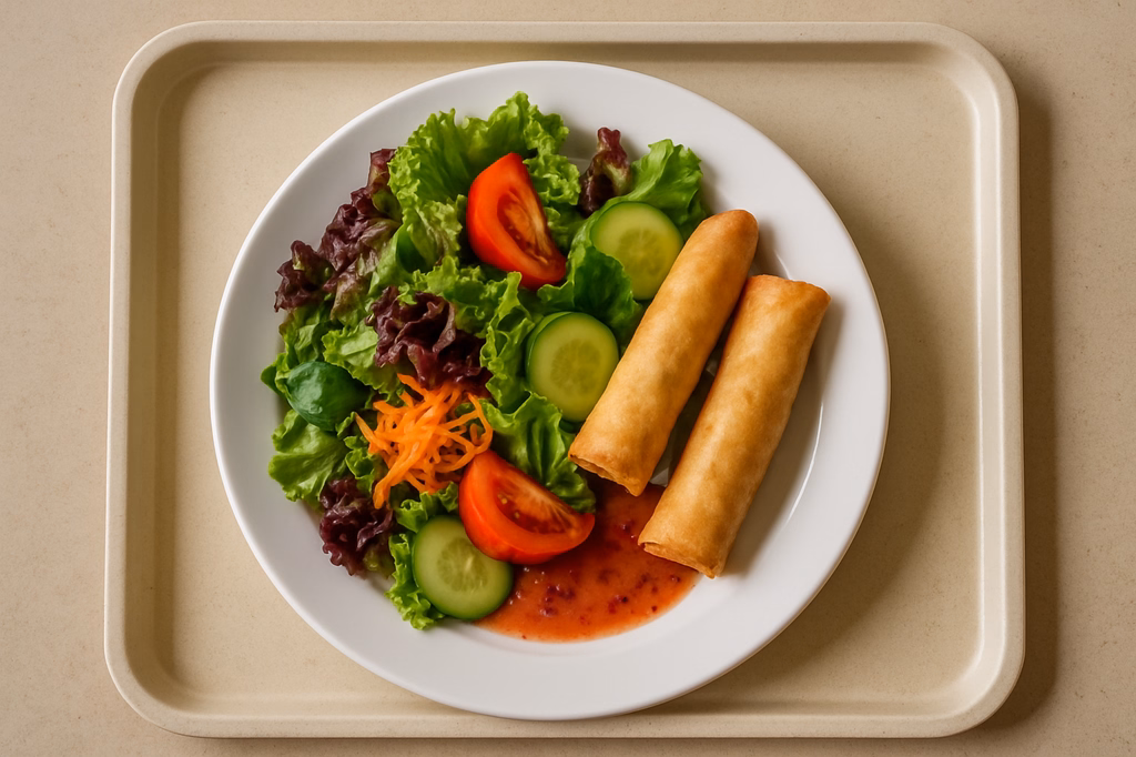 Große bunte saisonal frische Marktsalate mit Frühlingsrollen hausgemachten Granatapfeldressing (AI Generated)