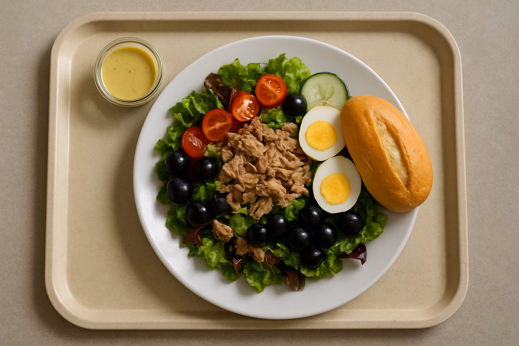 Großer Salatteller "Nicoise" mit Thunfisch, Oliven , Ei und Toskana Brötchen hausgemachter Honig-Senf-Dressing (AI Generated)