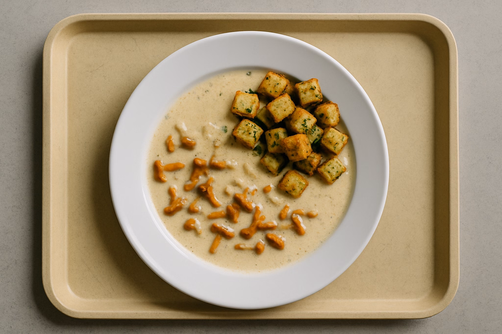 Cremesuppe von frischen Pfifferlingen & Kräutercroutons (AI Generated)