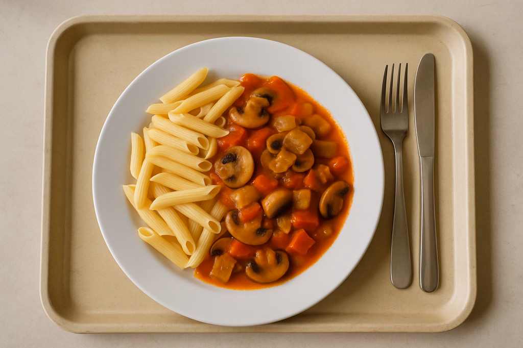 mensaVital: Ragout von frischen Champignions und Paprika mit Penne Rigate (AI Generated)