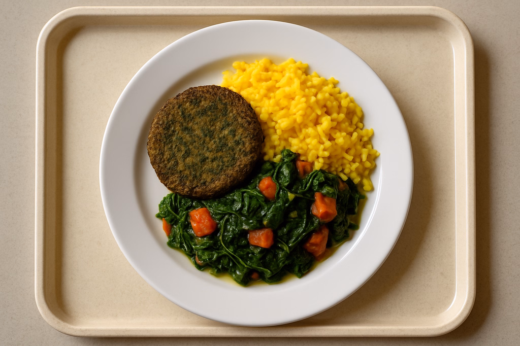 Grünkohl-Hanf Bratling mit Spinat - Tomaten - Gemüse und Kurkumareis (AI Generated)