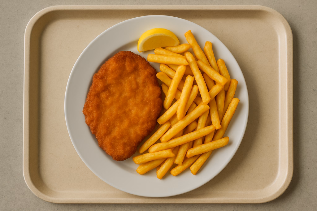 Schnitzel "Wiener Art" vom Schwein mit Super Crunch Pommes frites (AI Generated)