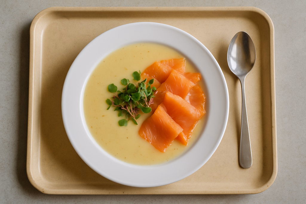 Fränkische Kartoffelcremesuppe mit Räucherlachs und buntem Kressemix (AI Generated)